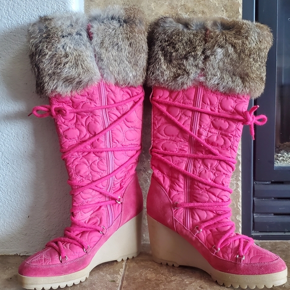 Coach Sofia boots 8 pink fur rabbit quilted heel p624 - Picture 1 of 10